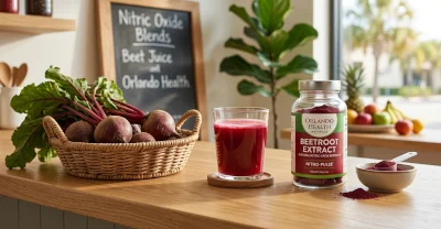 A wide banner featuring fresh beetroot, a glass of beet juice, and a supplement bottle on a clean wooden surface, representing natural nitric oxide sources.