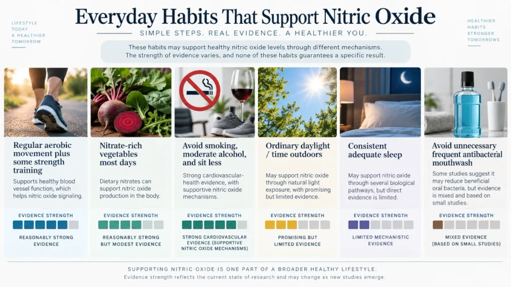 Evidence-strength comparison of lifestyle habits that may support nitric oxide, with exercise and nitrate-rich vegetables supported more strongly than daylight, sleep, or mouthwash changes.