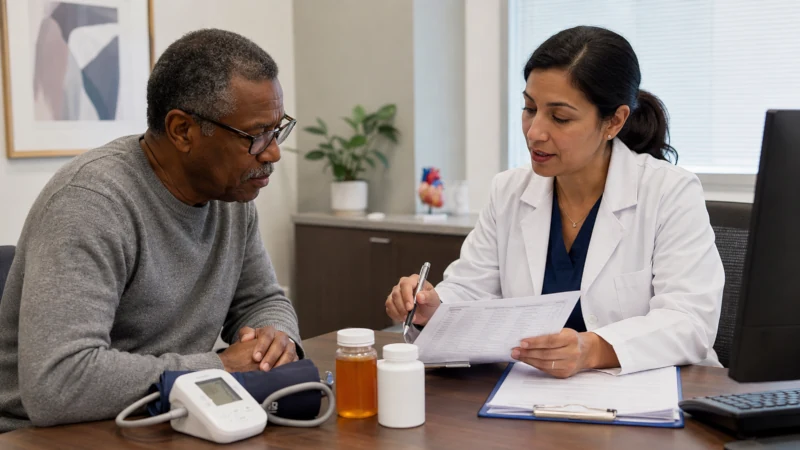 Patient discussing blood pressure medications and nitric oxide supplement safety with a clinician