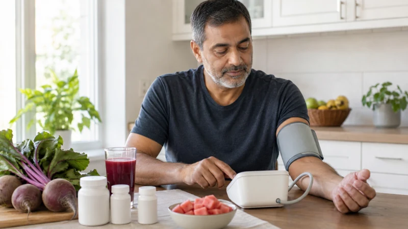 Person checking blood pressure with beetroot and nitric oxide supplements nearby