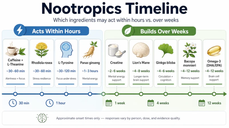 Timeline showing which nootropics act within hours versus over weeks.