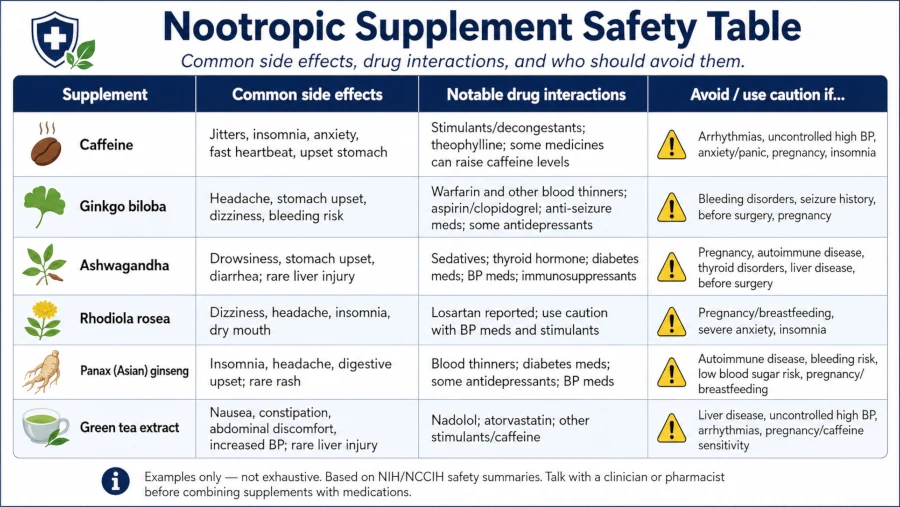 Table of nootropic supplement side effects, drug interactions, and who should avoid them.