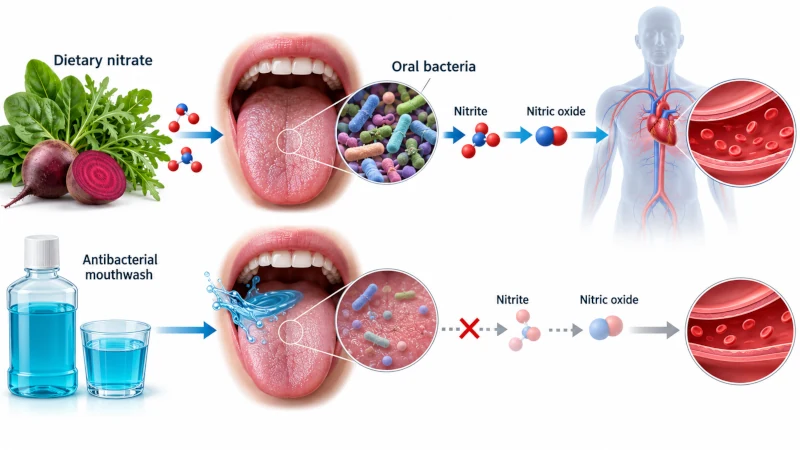 Diagram showing oral bacteria converting dietary nitrate to nitrite and how antibacterial mouthwash can interrupt that step.