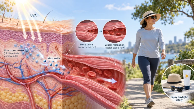 Diagram showing UVA light interacting with nitric oxide stores in skin alongside a reminder to maintain normal sun protection.
