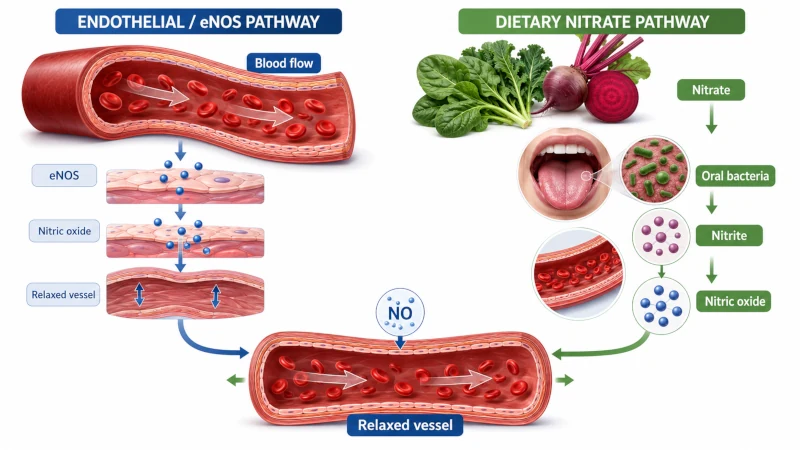 Diagram of the two ways the body makes nitric oxide: the eNOS enzyme pathway and the dietary nitrate pathway.