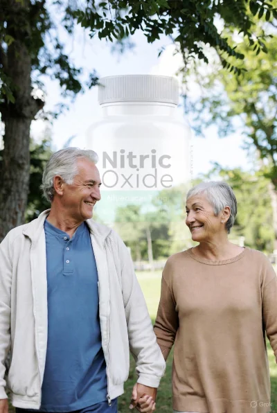 older couple walking in the park holding hands trying to increase nitric oxide naturally.