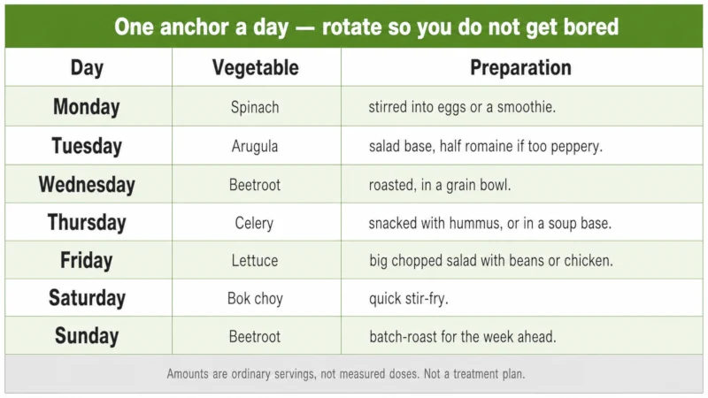 Seven-day rotation plan pairing one nitrate-rich vegetable anchor with a simple preparation for each day of the week.