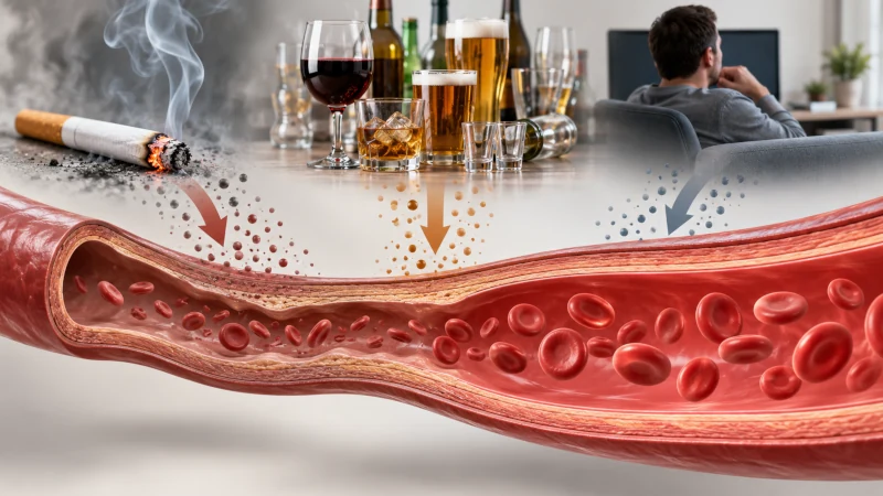 Illustration showing smoking, excess alcohol, and prolonged inactivity as factors that work against healthy nitric oxide function.