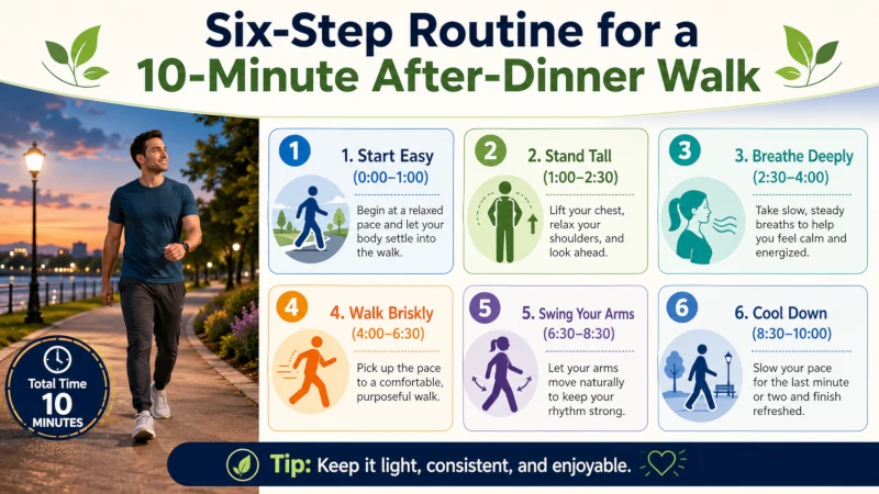 Six-step routine for a 10-minute after-dinner walk.