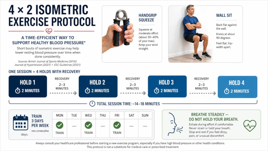 Four 2-minute isometric exercise holds with 2 to 3 minute rest periods for blood pressure training