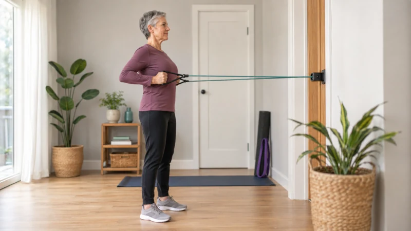 Adult performing a resistance-band row with controlled breathing during beginner strength training.