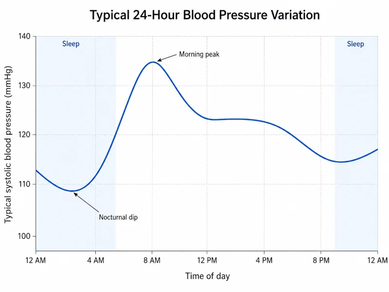 Line graph of typical 24-hour blood pressure variation showing the morning peak and nocturnal dip.