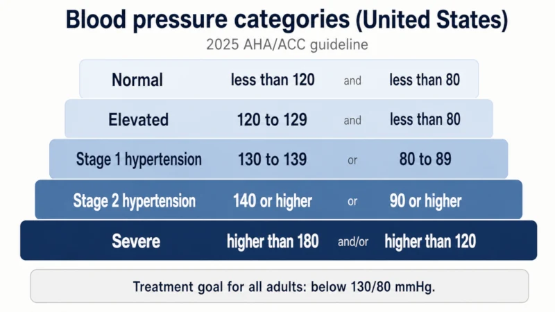Chart of United States blood pressure categories showing normal, elevated, stage 1 hypertension, stage 2 hypertension and severe ranges by systolic and diastolic values