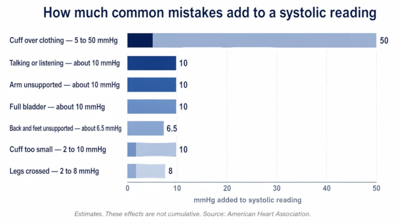 Horizontal bar chart showing how much common mistakes raise a systolic blood pressure reading, from cuff over clothing at up to 50 mmHg down to crossed legs at 2 to 8 mmHg