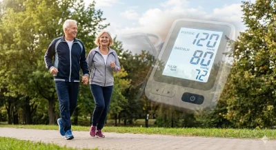 Older couple jogging in the park with faded home blood pressure monitoring in the background.