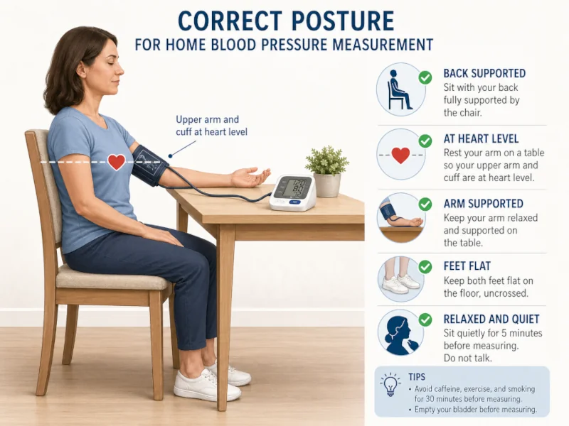 Illustration of correct seated posture for home blood pressure measurement — back supported, feet flat, arm at heart level.