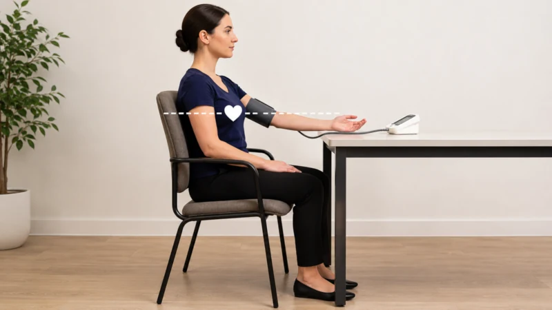 Seated person with back supported, feet flat, and arm resting on a table so the blood pressure cuff sits level with the heart