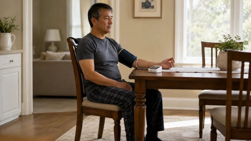 Person measuring resting blood pressure while seated with feet flat and the arm supported at heart level.