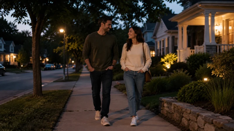 Two people walking after meals for blood pressure at an easy pace on a neighborhood sidewalk after dinner.