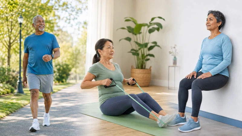 Adults walking, strength training, and doing a wall sit as part of a beginner exercise for blood pressure plan.
