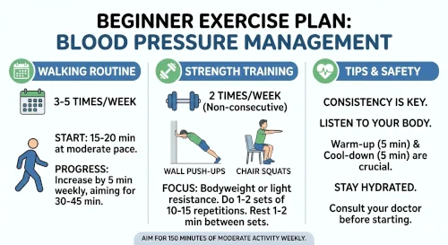 Beginner exercise plan for blood pressure including walking and strength training.
