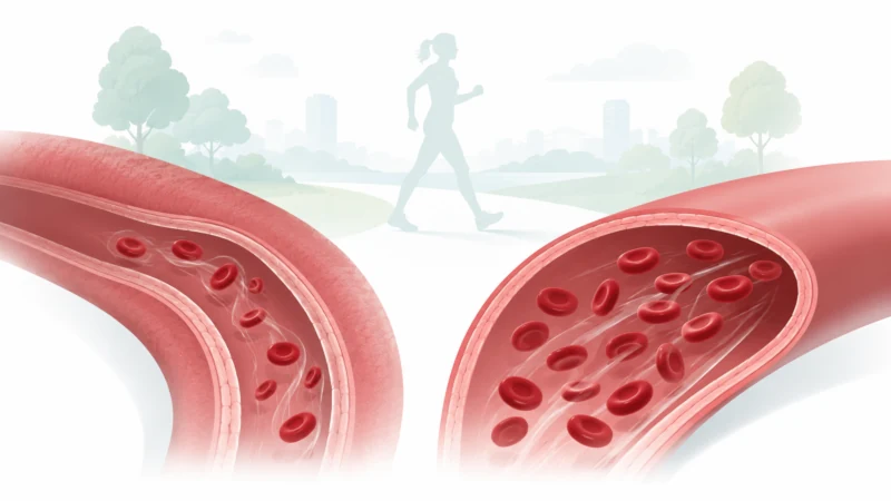 Illustration comparing restricted and relaxed arteries to show how exercise supports healthy blood flow.