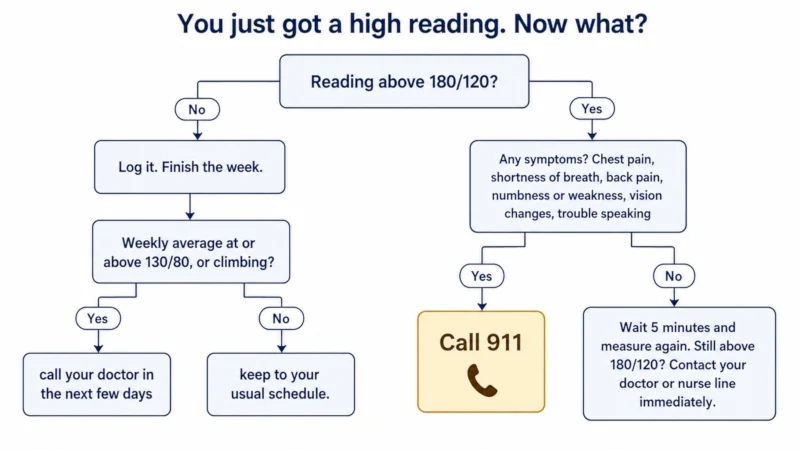 Decision tree for what to do after a high home blood pressure reading, branching on whether the reading is above 180 over 120 and whether symptoms are present