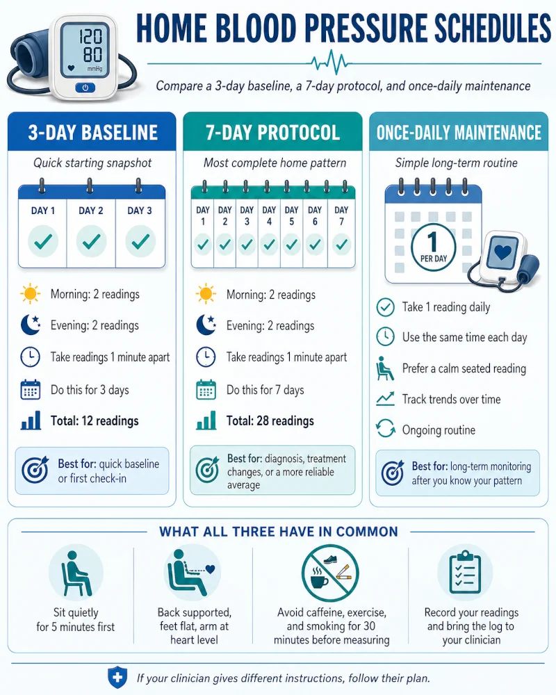 Infographic comparing 3-day baseline, 7-day protocol, and once-daily maintenance home blood pressure schedules.