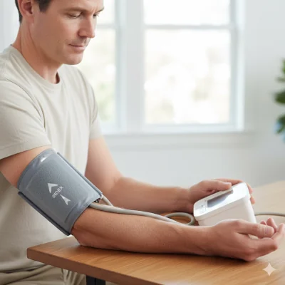 Proper upper-arm cuff placement for learning how to take blood pressure at home.