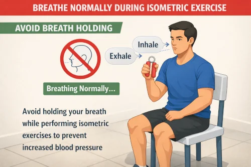 Breathing normally during isometric exercise to avoid breath holding.