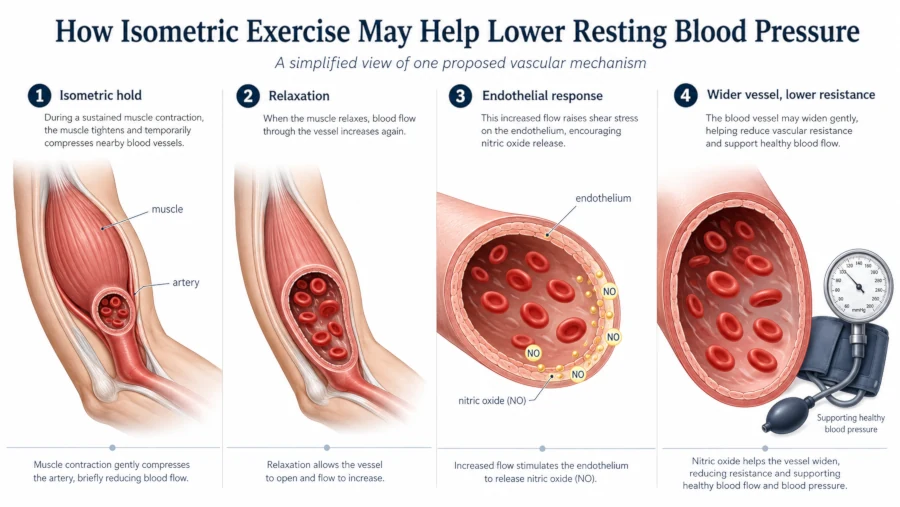 How isometric exercise may lower blood pressure through increased blood flow and nitric oxide