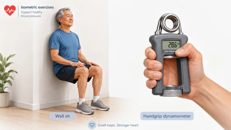 Older adult performing a wall sit while a separate hand squeezes a handgrip dynamometer, the two isometric exercises shown to lower blood pressure.