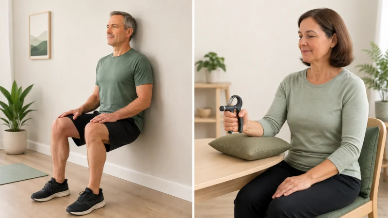 Split view of a wall sit and handgrip hold used for beginner isometric exercise training.