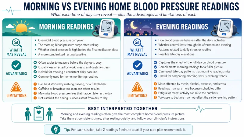 best time to check blood pressure Chart comparing what morning and evening blood pressure readings each reveal, with advantages and limitations of each.