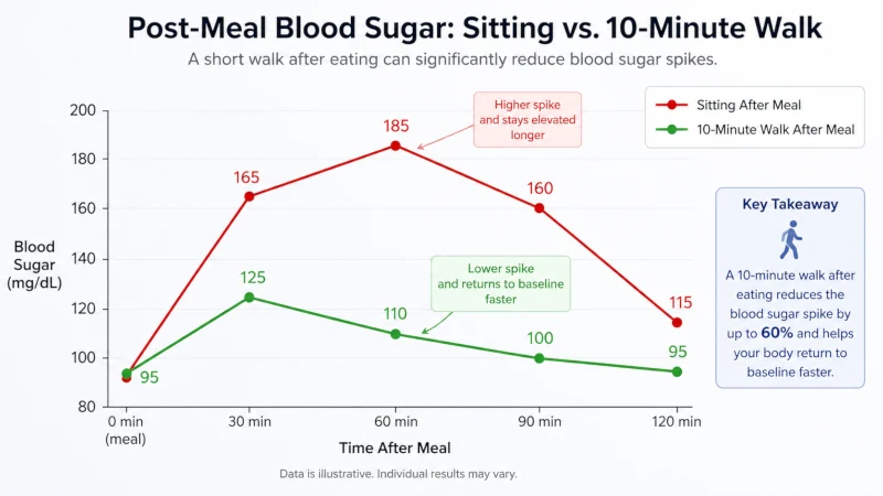 Line chart comparing post-meal blood sugar after sitting versus a 10-minute walk.