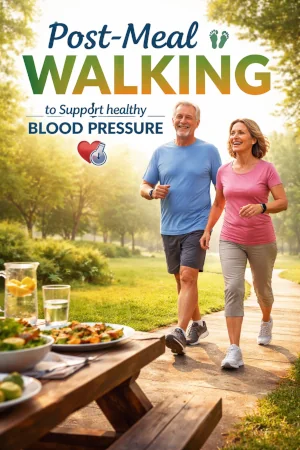 Couple walking after meals for blood pressure health and control.