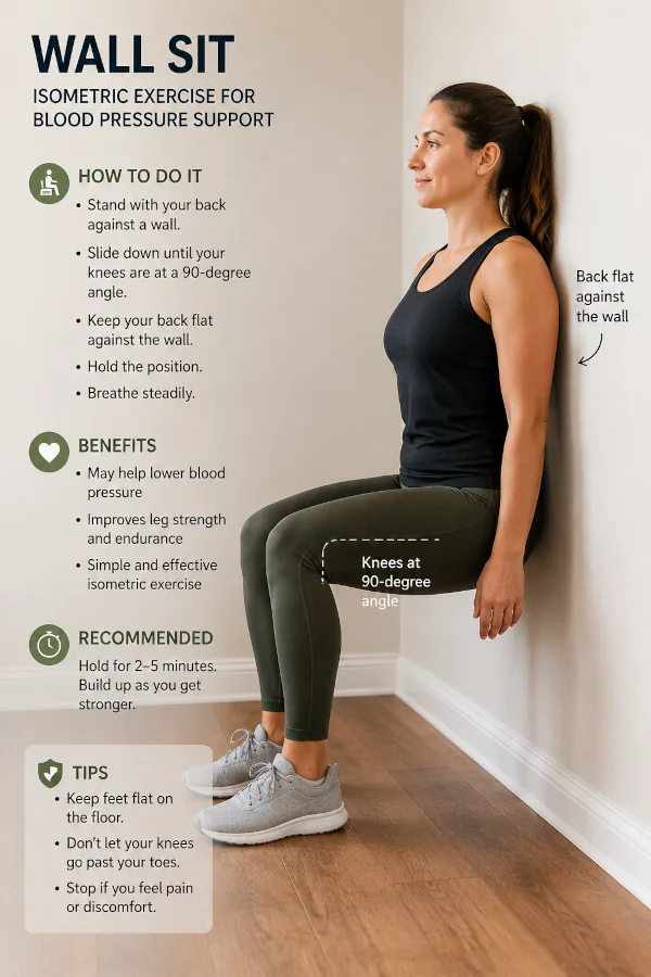 Person demonstrating wall sit for isometric blood pressure exercise, back flat against wall, knees at 90-degree angle.