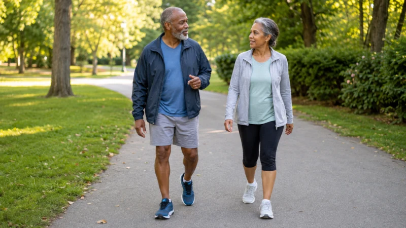 Two adults walking at a conversational pace to demonstrate the Zone 2 talk test.