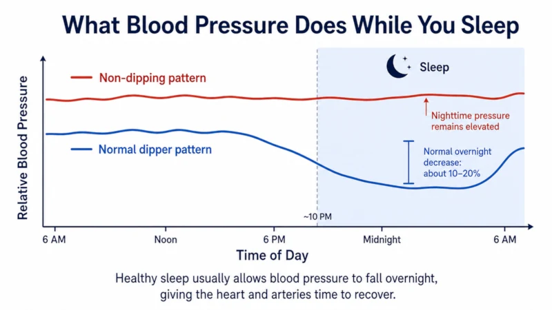 Chart comparing a normal 10–20% overnight blood pressure dip with a non-dipping pattern.