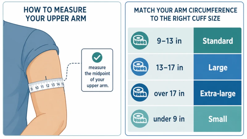 Illustration of measuring upper-arm circumference at the midpoint with a tape measure, next to a chart of cuff size ranges