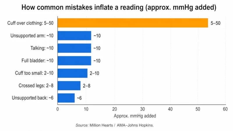 Horizontal bar chart showing how common errors raise blood pressure readings, from crossed legs to cuff over clothing.