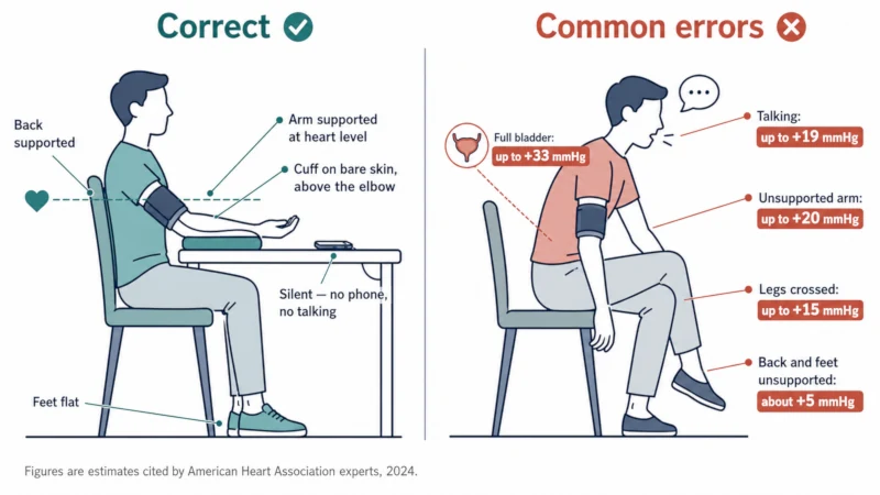 Side-by-side illustration of correct seated blood pressure measurement posture and five common errors, each labeled with how much it can raise a reading.