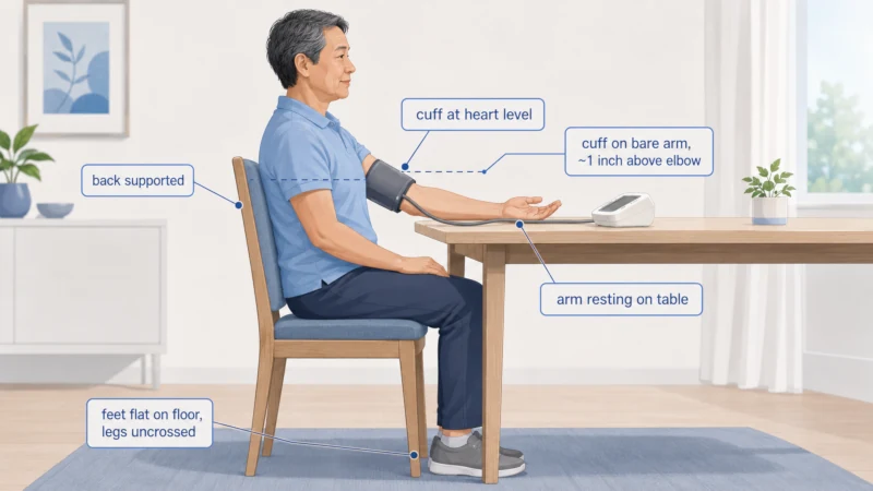 Person seated correctly learning how to take blood pressure at home, back supported, feet flat, arm resting on a table with the cuff at heart level.