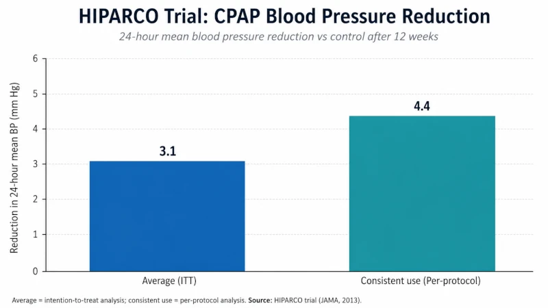 Bar chart comparing average and consistent-use blood pressure reductions with CPAP from the HIPARCO trial.