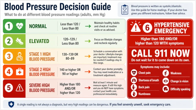 Decision guide showing what to do at different blood pressure readings, including calling 911 for readings above 180/120 with symptoms.
