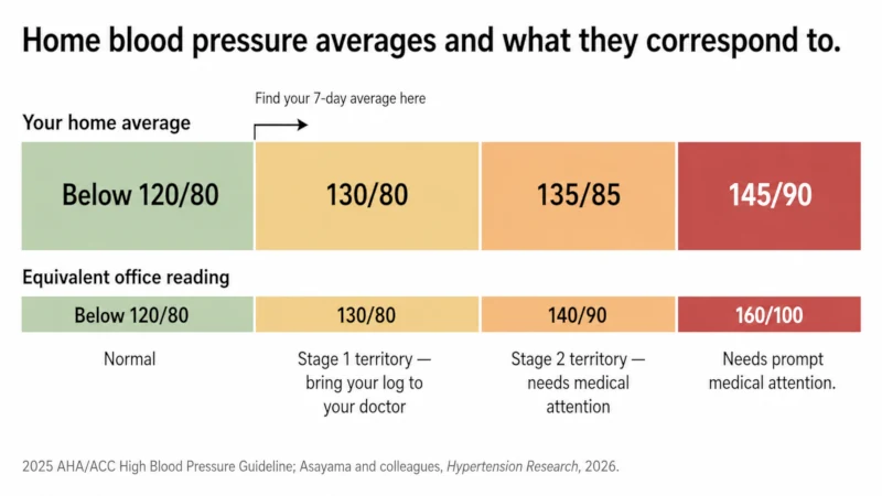 Banded horizontal scale showing home blood pressure averages from below 120/80 to 145/90 alongside the equivalent office readings for each band.