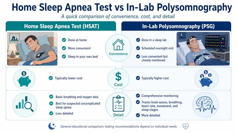 Comparison of home sleep apnea test versus in-lab polysomnography by convenience, cost, and detail.