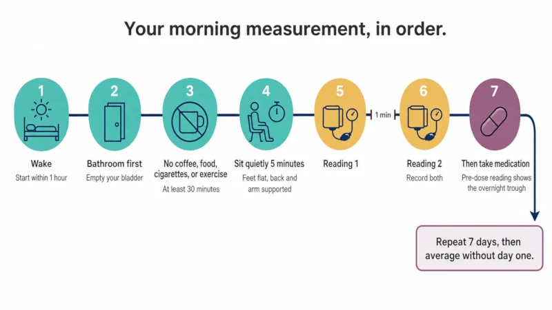 Horizontal timeline of a morning blood pressure routine from waking through bathroom, five minutes of quiet sitting, two readings a minute apart, logging, then medication.