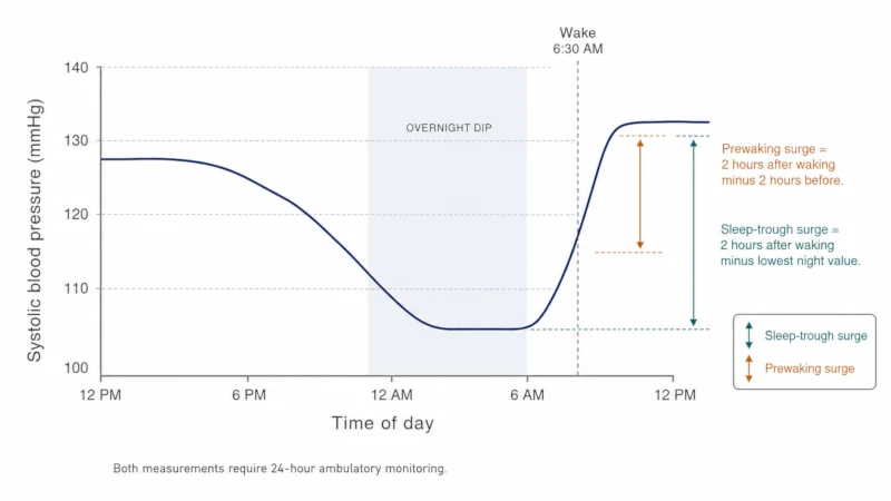 Line graph of blood pressure across 24 hours showing the overnight dip, the rise after waking, and how sleep-trough and prewaking surge are measured.