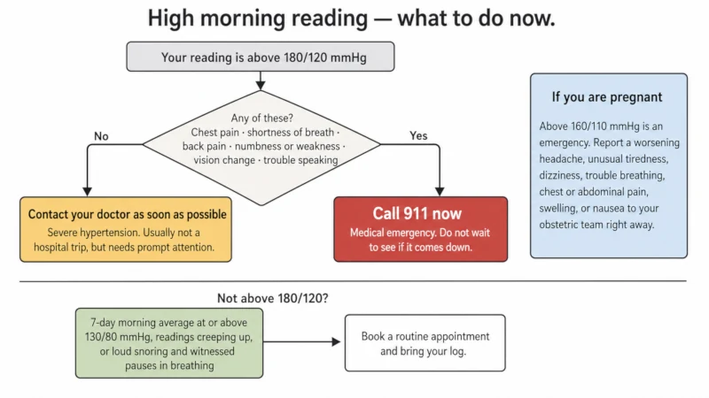 Decision flowchart showing when a high morning blood pressure reading warrants calling 911, contacting a doctor promptly, or booking a routine appointment.